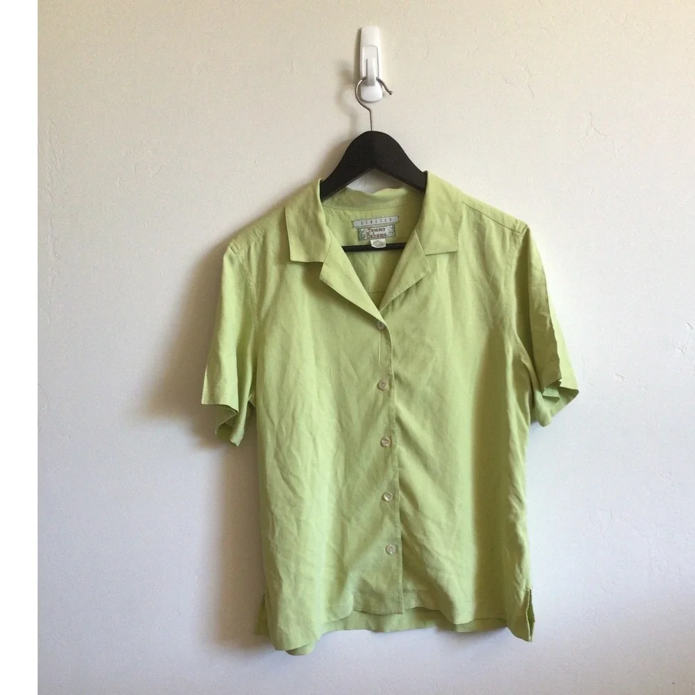 Tommy Bahama Womens Lime Green Stretch Silk Short Sleeve Camp Shirt Size M 8 10 - Picture 2 of 5